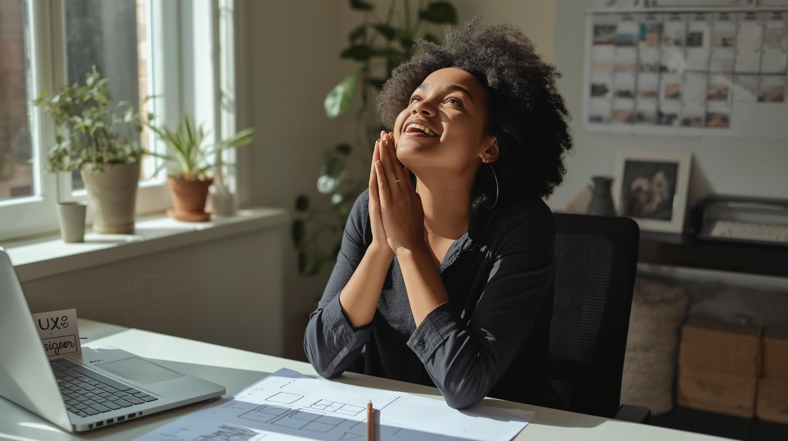 Young Black woman hands clasped together at her desk, looking up