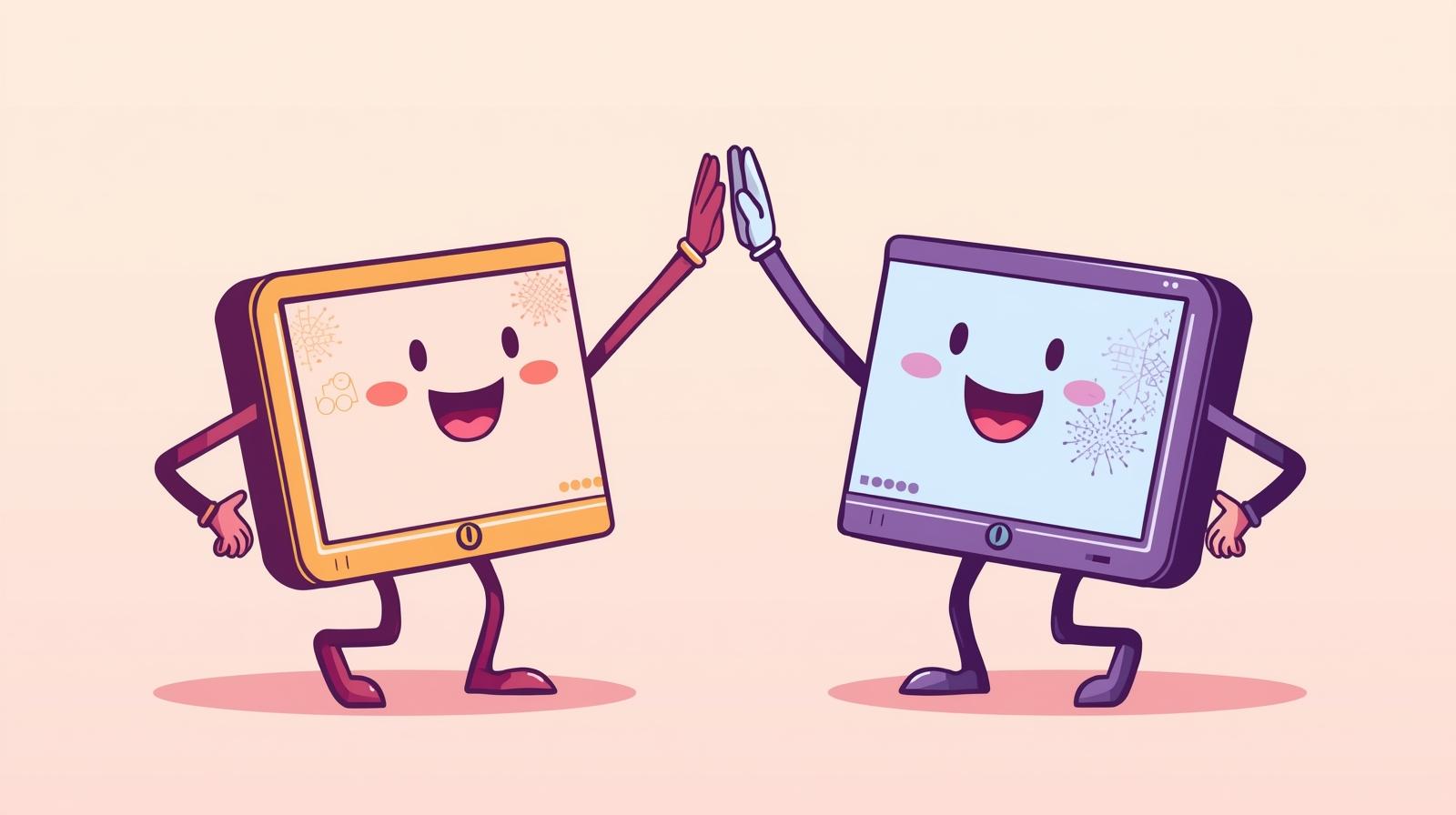 Two computers with arms and legs are smiling and high fiving each other.