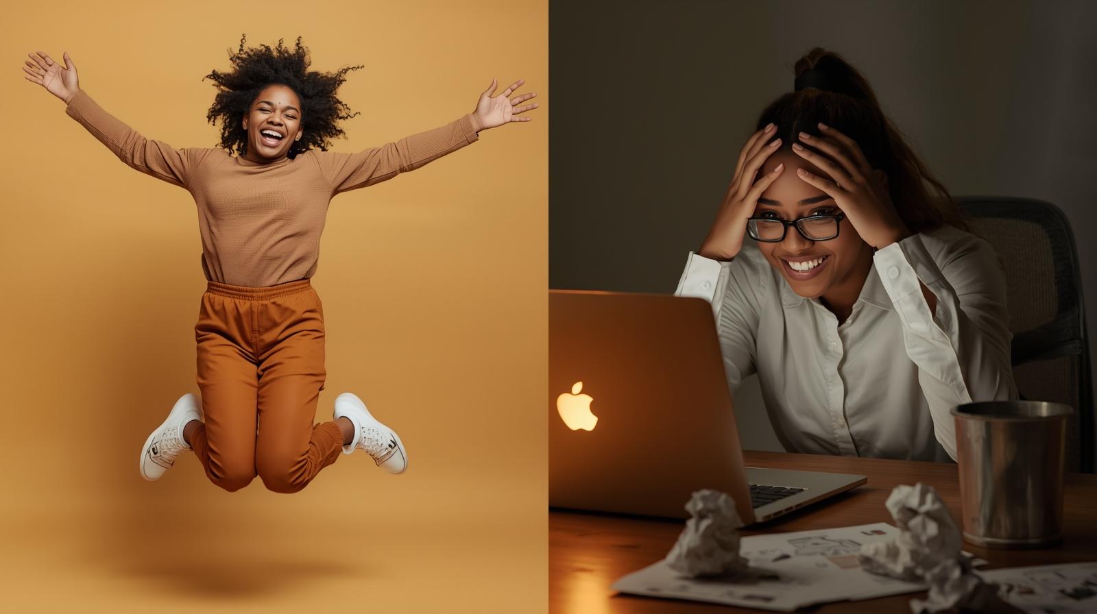 Split screen of two women, one happy and one slightly frustrated but happy