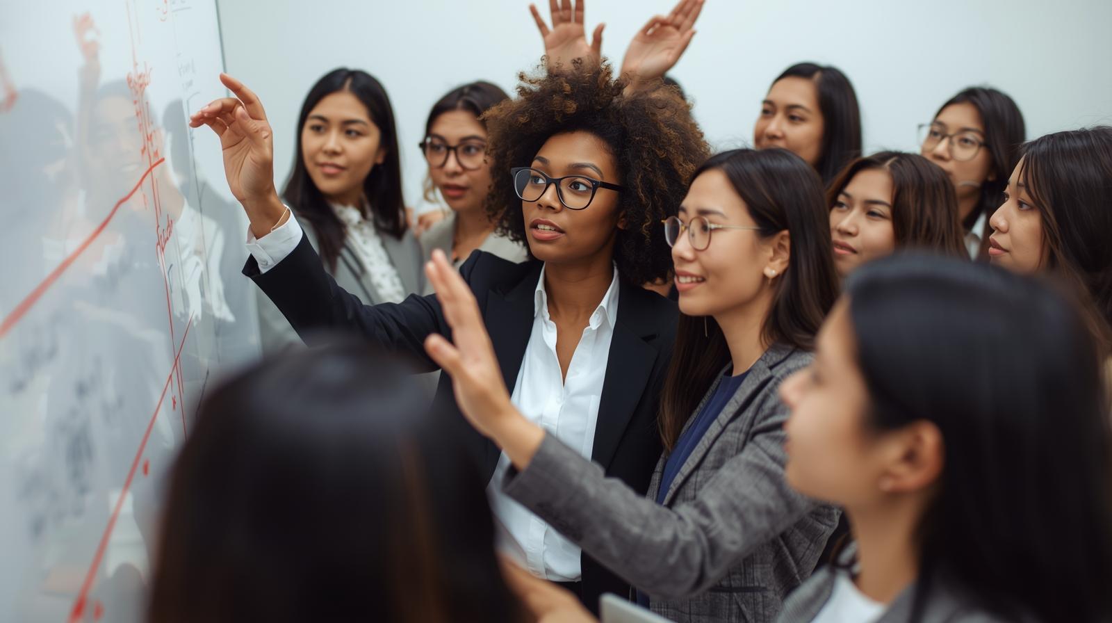 Group of diverse women looking at a white board with plans