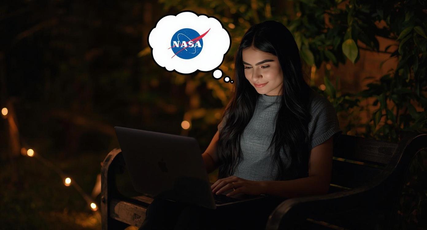 Young middle-eastern woman with long black hair looking at her laptop smirking with a thought bubble of NASA above head